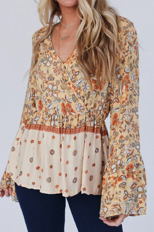 Hazel Blues® |  Peplum Printed Surplice Flare Sleeve Blouse Everyday Stylish Blouse