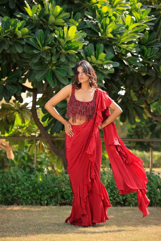 Ruby Red Ruffle Saree With Blouse Set Sheer Sleeve Blouse