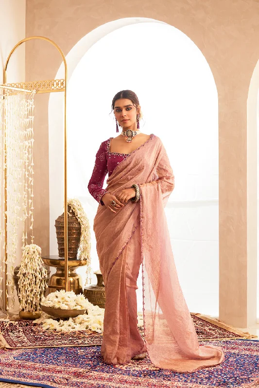Light Mauve Drape Saree With Blouse And Stole Double Button Blouse