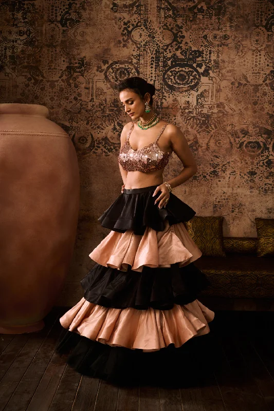 Rose Gold Embroidered Blouse With Black And Rose Gold Layerd Skirt Pastel Color Blouse