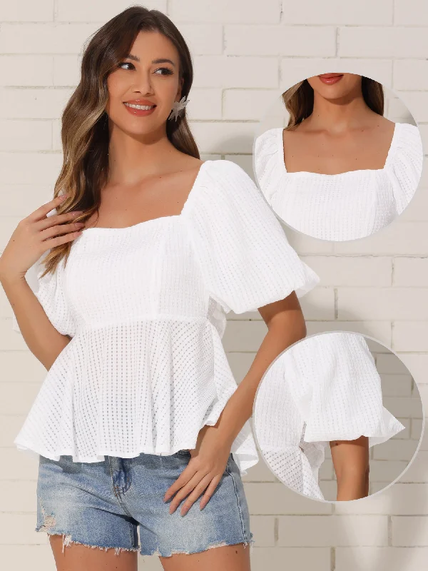 Square Neck Puff Sleeves Back Bow Textured Peplum Blouse Backless Summer Blouse