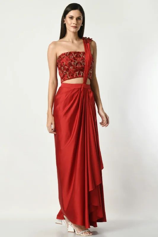 Draped Saree With Offshoulder Corset Embroidered Blouse Side Tie Blouse