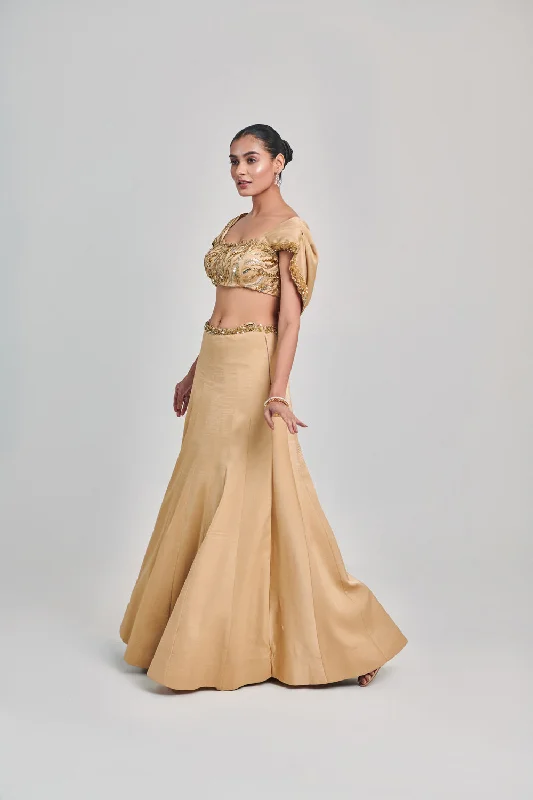Golden Cowl Sleeves; Cutwork Blouse Kalidar Skirt Set Feminine Satin Blouse