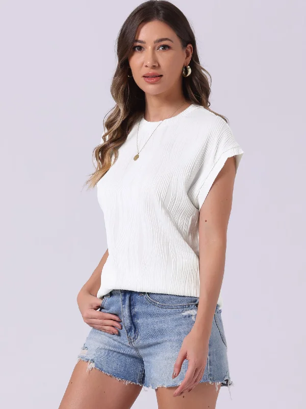 Textured Cap Sleeve Crew Neck Solid Color Blouse Polished Work Blouse