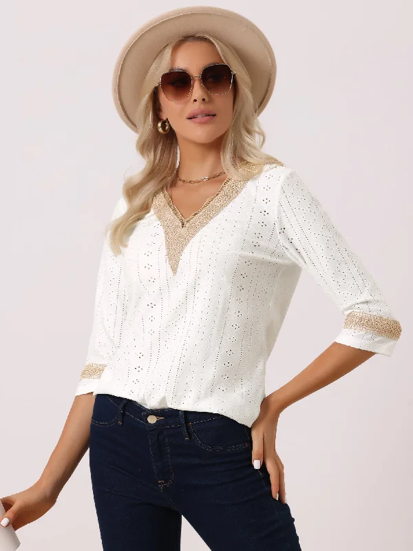 Contrast Color V Neck Loose Lace Trim Eyelet Boho Blouse Versatile Layering Blouse