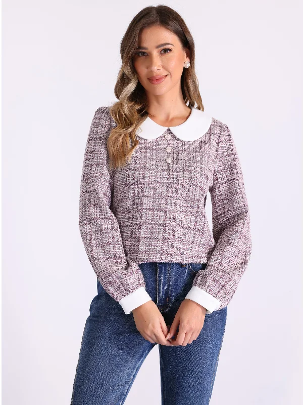 Tweed Button Decor Peter Pan Collar Long Sleeve Blouse Short Sleeve Blouse