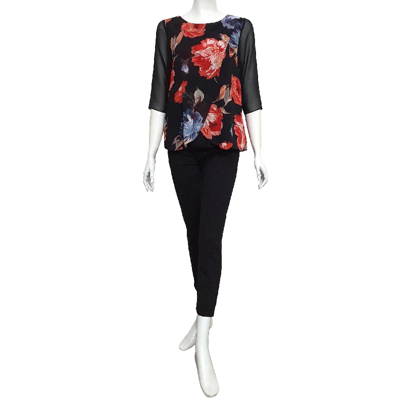 Joan Allen Floral Chiffon Blouse in Ebony Feminine Puff Blouse