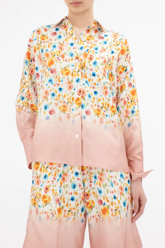 Degrade Florets Silk Twill Blouse | Tangerine Chic Square Blouse