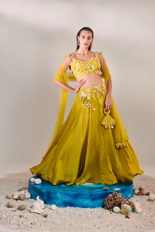 Off Shoulder Cutwork Blouse Lehenga; Bag Only For Styling Purpose; Not Included In This Set. Gathered Detail Blouse Off Shoulder Cutwork Blouse Lehenga; Bag Only For Styling Purpose; Not Included In This Set. Gathered Detail Blouse