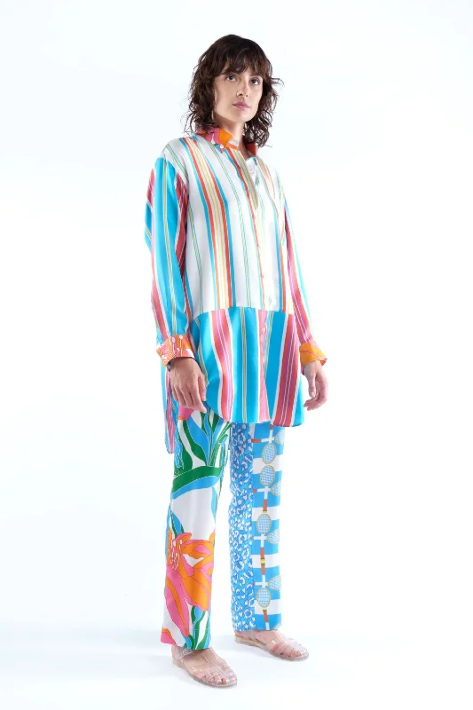 Liquette Oversized Silk Blouse | Mix Rayures Silky Draped Blouse
