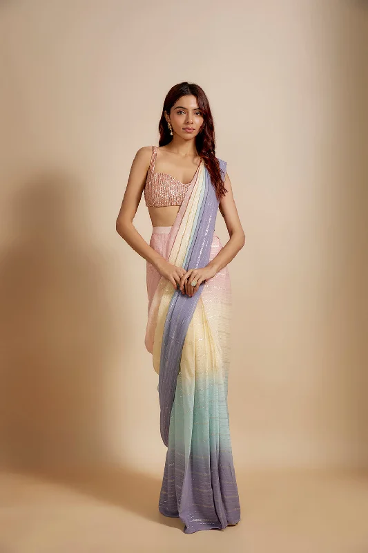 Multi-Colour Ombre Saree With Embroidered Blouse Vintage Lace Blouse