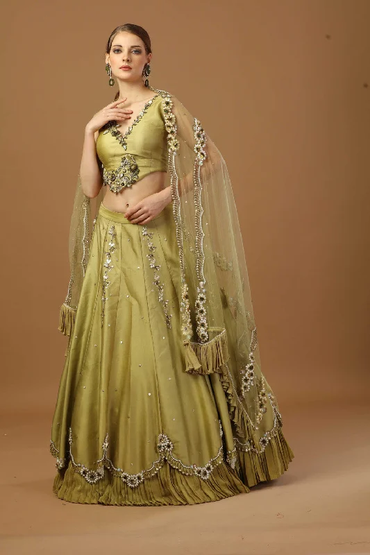 Olive Lehanga With Blouse And Heavy Dupatta Satin Long Blouse