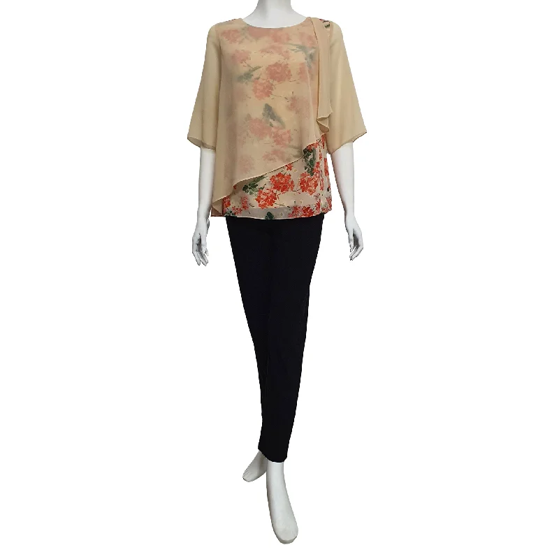 Joan Allen Floral Chiffon Overlay Blouse in Orange Silky Draped Blouse