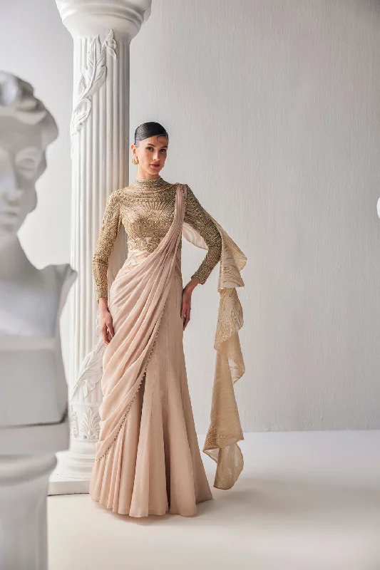 Golden Cream Draped Saree In Luxurious Shimmer Chiffon Offset With A Zardozi Blouse And An Elaborate High Neckline. Vintage Lace Blouse