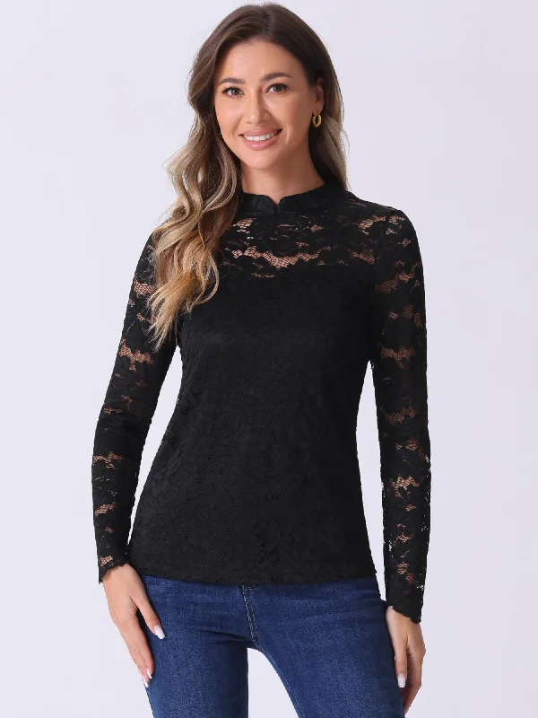 Sheer Lace Long Sleeve Mock Neck Casual Blouse Slim Fit Blouse