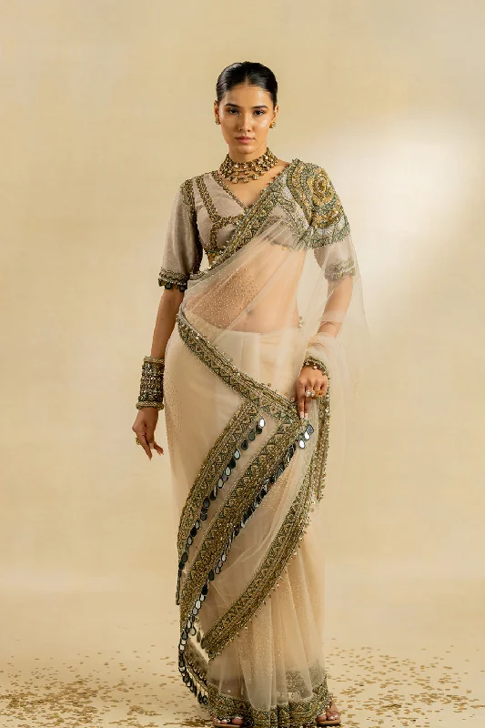 Ivory Net Saree With Pure Raw Silk Blouse Subtle Shimmer Blouse