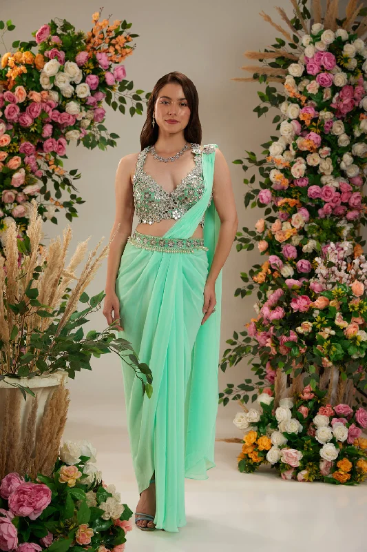 Aquamarine Green Color- Dupion Blouse, Belt And Georgette Saree Casual Stripe Blouse