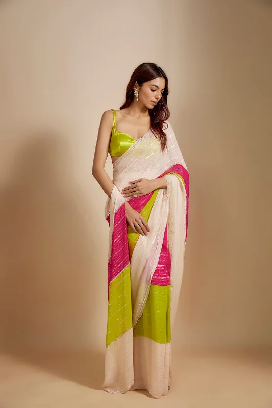 Multi-Colour  Block Saree With Neon Green Blouse Sleeveless Summer Blouse