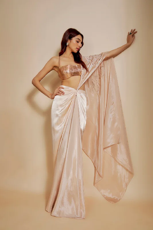 Peach Skirt Saree With Rose Gold Blouse Floral Print Blouse