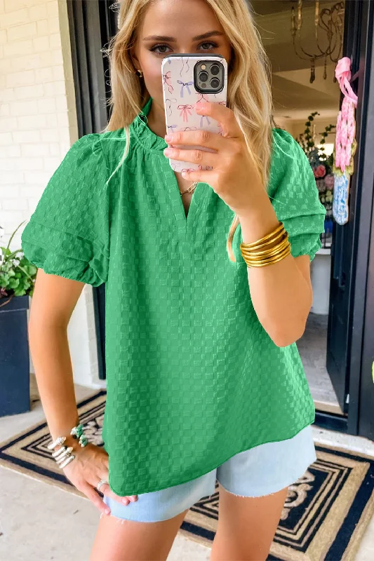 Hazel Blues® |  OH Frill Notched Puff Sleeve Blouse Subtle Shimmer Blouse