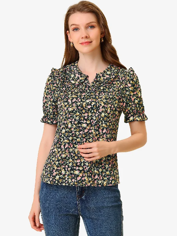 Peter Pan Collar Puff Short Sleeve Ruffle Smocked Floral Blouse Vintage Polka Blouse Peter Pan Collar Puff Short Sleeve Ruffle Smocked Floral Blouse Vintage Polka Blouse