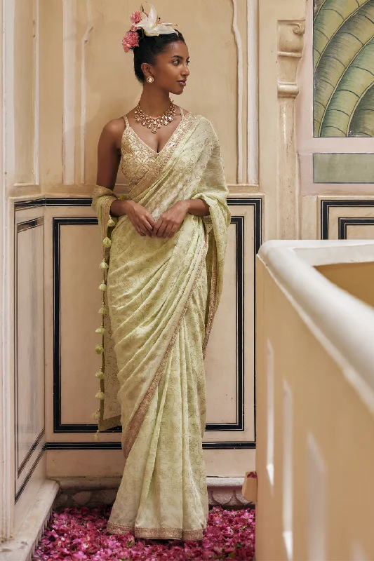 Mint Gold Print Saree With Embroidered Blouse Soft Modal Blouse