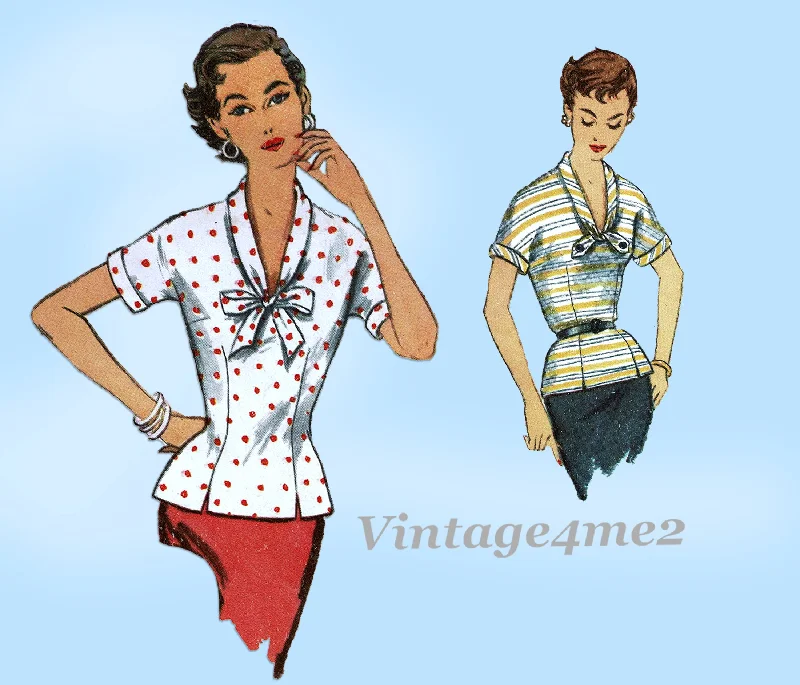Simplicity 1386: 1950s Stunning Misses Blouse Size 34 B Vintage Sewing Pattern Satin Bow Blouse