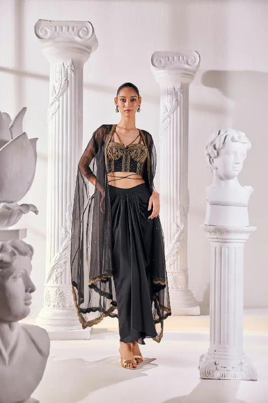 Draped Skirt Paired With An Embroidered Corset Blouse, Cape And A Belt. Feminine Tie Blouse