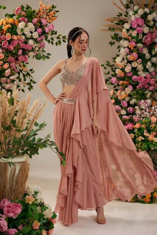 Peach Brown Color- Dupion Blouse, Belt And Shimmer Georgette Saree Business Casual Blouse