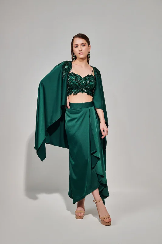 Emerald Green Hand Embroidered Cape Set With Cutwork Blouse And Drape Skirt Wrap Front Blouse Emerald Green Hand Embroidered Cape Set With Cutwork Blouse And Drape Skirt Wrap Front Blouse
