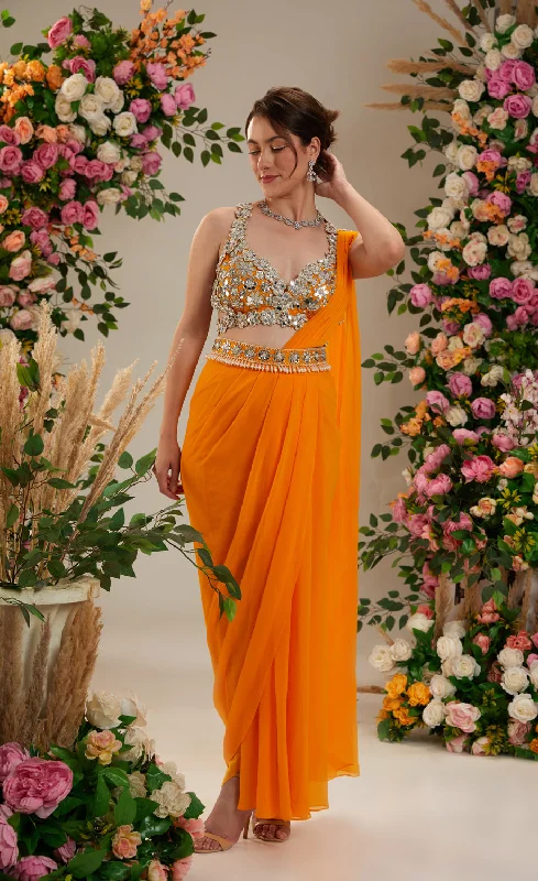 Floral Orange Color- Dupion Blouse, Belt And Georgette Saree Sweetheart Neck Blouse