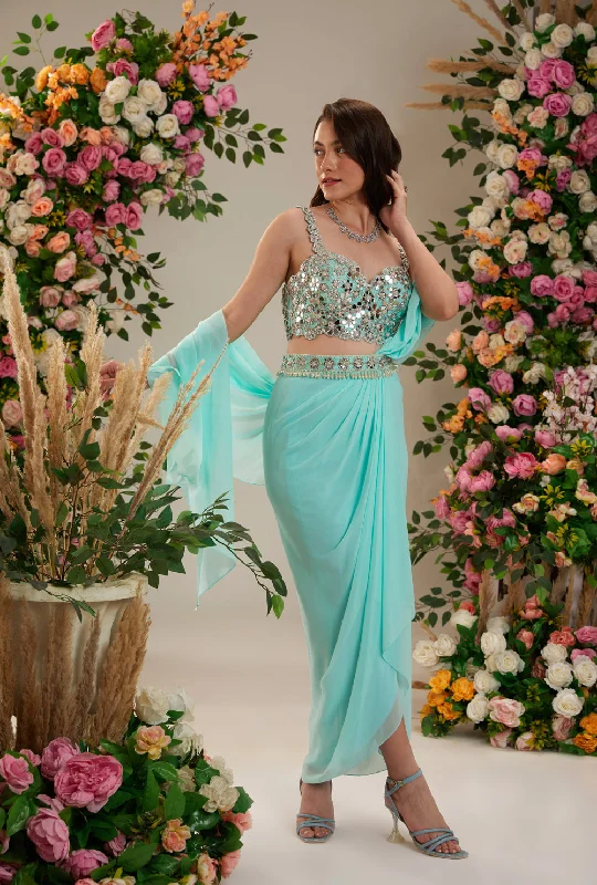 Powder Blue Color- Dupion Blouse, Belt And Georgette Saree Chic Sleeveless Blouse