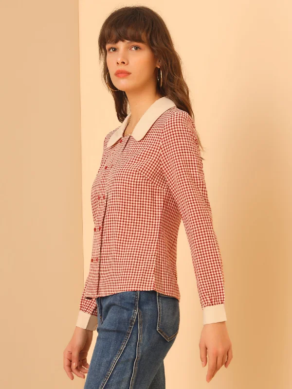 Contrast Peter Pan Collar Gingham Long Sleeve Button Down Blouse Elegant Office Blouse