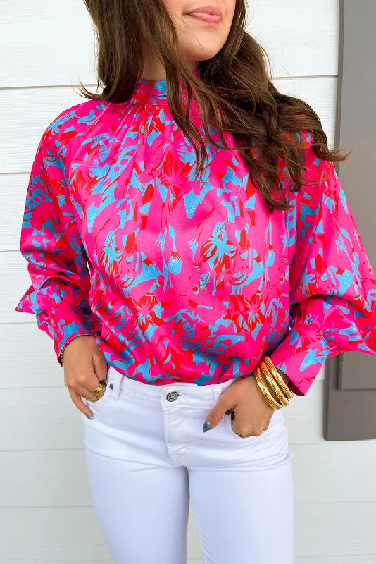 Purple Printed Bubble Sleeve Mock Neck Blouse Chic Square Blouse