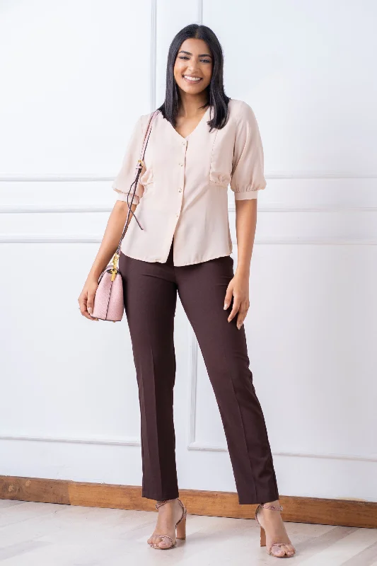 Brown Front Button Puff Sleeve Blouse - Slim Fit Delicate Bow Blouse