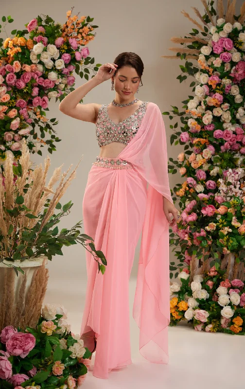Neon Pink Color- Dupion Blouse, Belt And Georgette Saree Ruched Sleeve Blouse