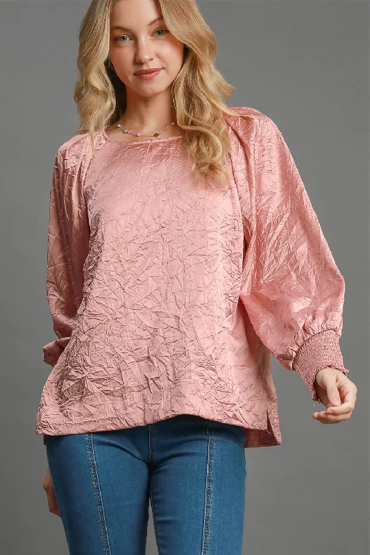 Hazel Blues® |  Umgee Wrinkled Round Neck Lantern Sleeve Blouse Feminine Ruffle Blouse