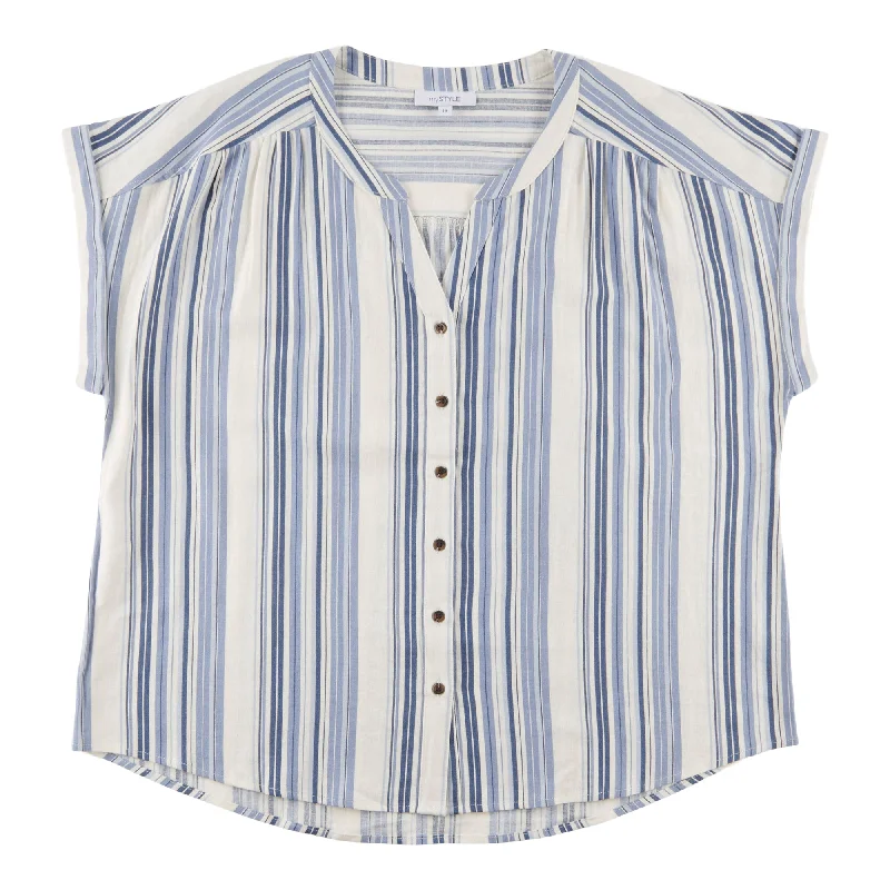 mySTYLE Women's Plus Festival Printed Linen Blend Shirt-- Ribbed Striped Patterned