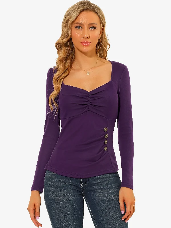 Sweetheart Neck Ruched Top Long Sleeve Button Decor Rib Knit Blouse Office-Ready Blouse