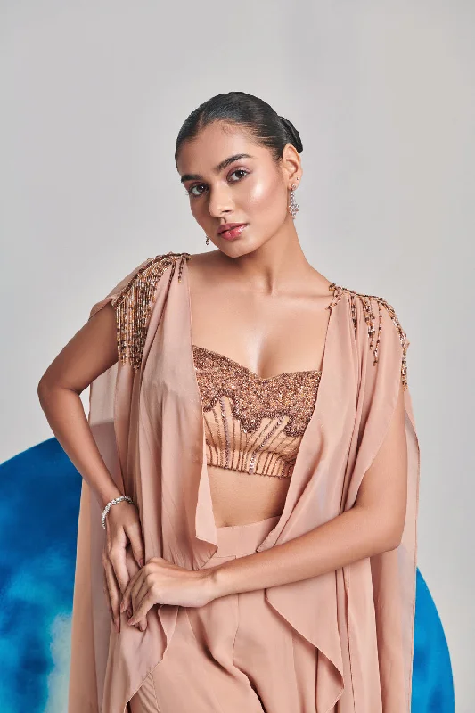 Beige Open Cape ; Hand Embroider Blouse In Hues Of Beige And Brown; Kalidar Sharara Floral Chiffon Blouse Beige Open Cape ; Hand Embroider Blouse In Hues Of Beige And Brown; Kalidar Sharara Floral Chiffon Blouse