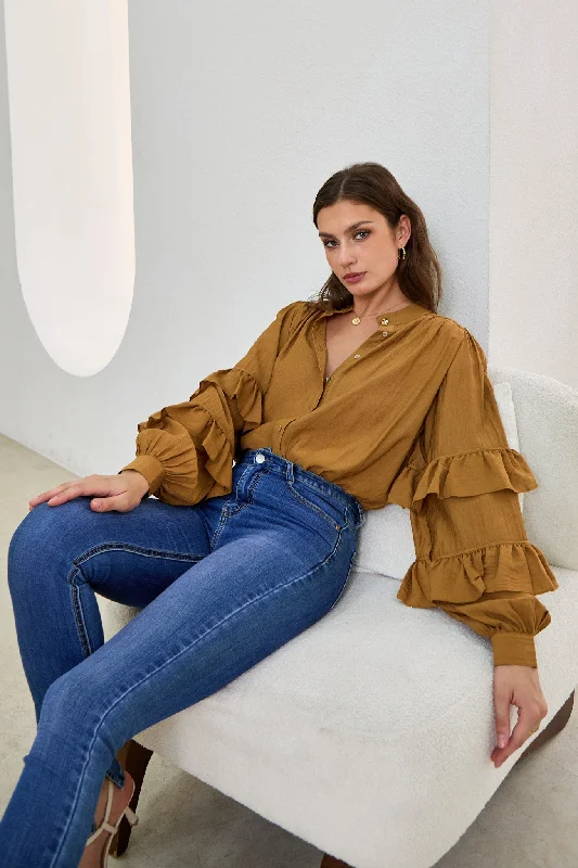 Elissa Tan Brown Ruffle Sleeve Blouse Wrap Front Blouse