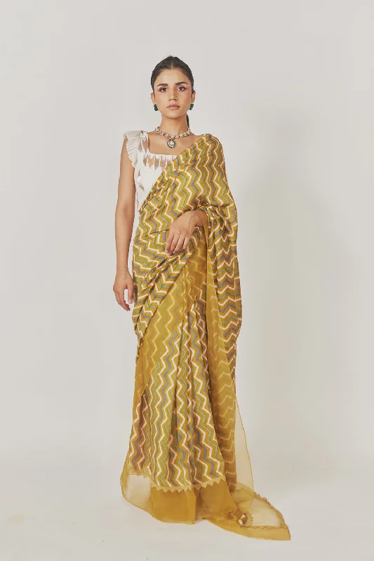 Shevron Printed Saree With Organza Border + White Embroidered Blouse Chic Off-Shoulder Blouse