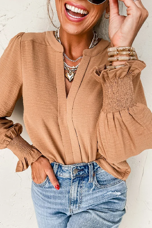 Straw Yellow Solid Color Shirred Cuff Notch V Neck Blouse Backless Summer Blouse
