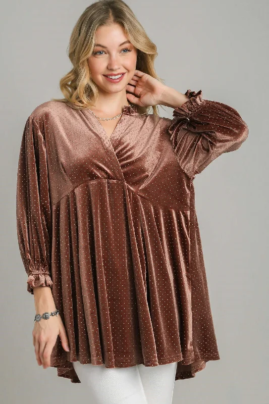 Hazel Blues® | Umgee Beaded Frill Flounce Sleeve Velvet Babydoll Blouse Sheer Sleeve Blouse Hazel Blues® | Umgee Beaded Frill Flounce Sleeve Velvet Babydoll Blouse Sheer Sleeve Blouse