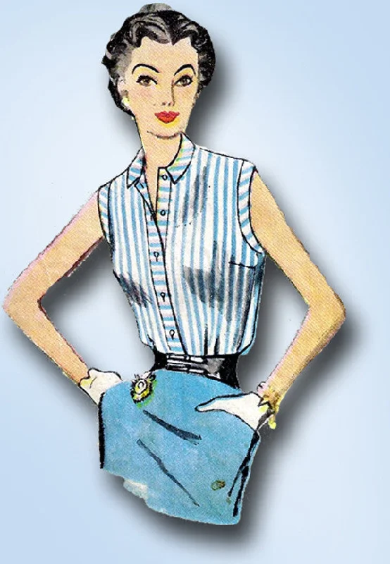 1950s Vintage Simplicity Sewing Pattern 4238 Easy Misses Sleeveless Blouse 32B Chic Ruffle Blouse