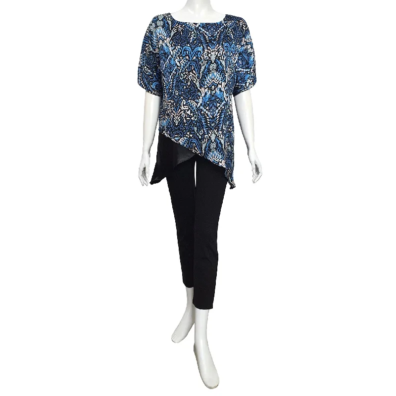 Joan Allen Printed Asymmetric Blouse in Peacock Blue Delicate Bow Blouse
