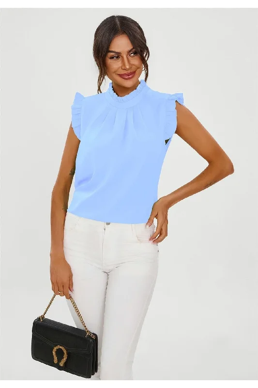 FS Collection Frill Trim Sleeve High Neck Blouse Top In Light Blue Chic Square Blouse FS Collection Frill Trim Sleeve High Neck Blouse Top In Light Blue Chic Square Blouse
