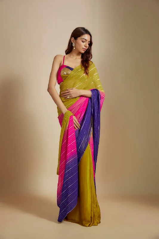 Mustard Ombre Saree With Multi-Coloured Blouse Classic White Blouse