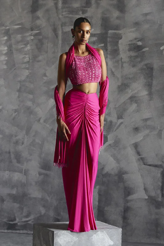 Fitted Gathered Skirt With Embellished Blouse And Dupatta Feminine Satin Blouse
