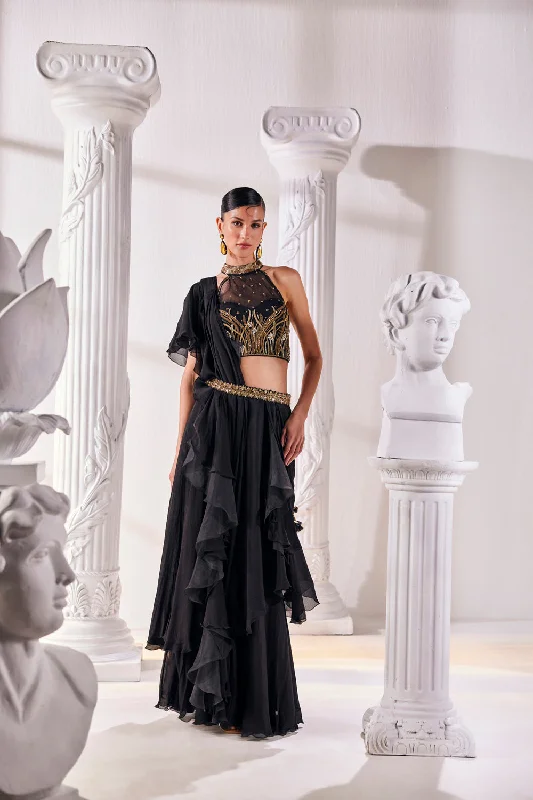 Draped Saree In Chiffon Paired With An Embroidered Organza Blouse And A Belt. Drape Neck Blouse